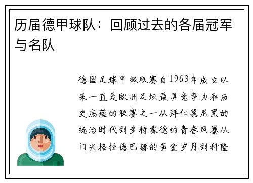 历届德甲球队：回顾过去的各届冠军与名队
