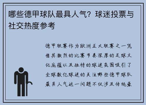 哪些德甲球队最具人气？球迷投票与社交热度参考